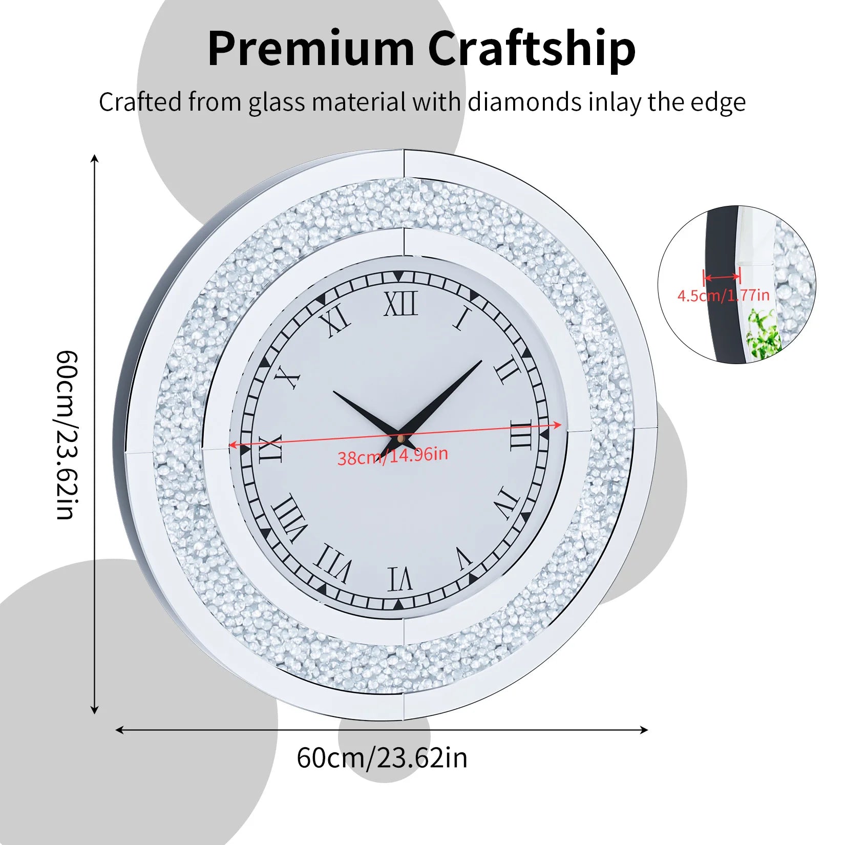 Silver,Tawny Tinted Round Mirror ,24inch Crystal Sparkle Twinkle Bling Crush Diamond Large Mirrored Wall Clock for Living Room