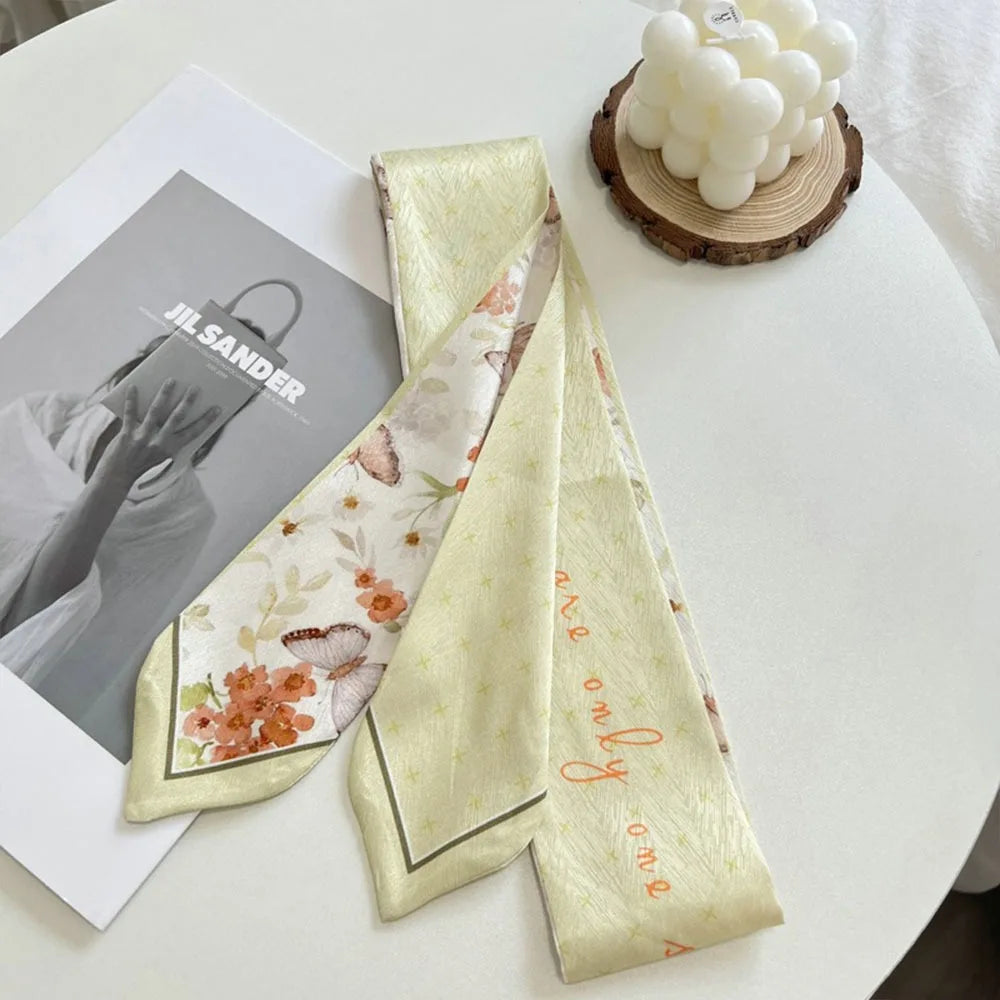 Summer Versatile Satin Silk Ribbon Scarf Long Thin Narrow Bag Strap Fresh Floral Hair Tie for Women
