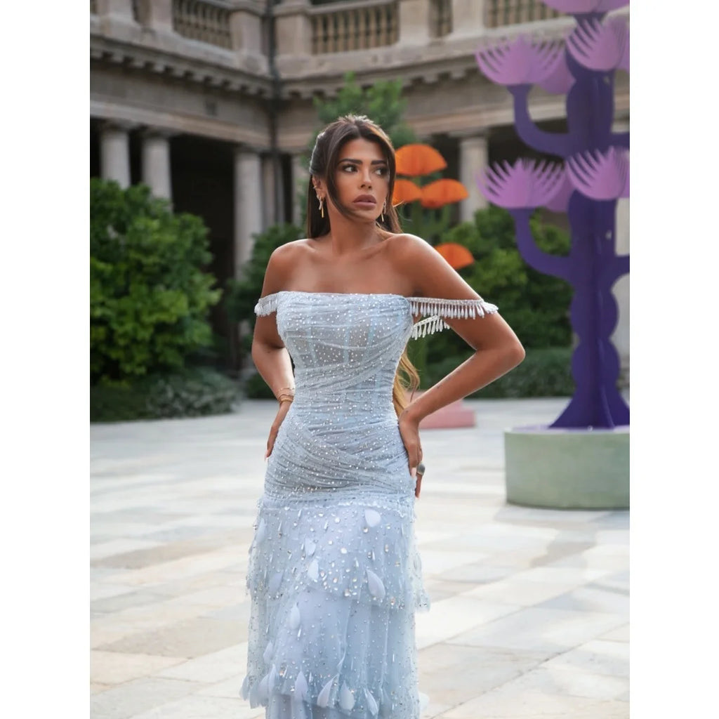 Bella Customized Short Tassel Fringe Sleeves Prom Dress Feather Appliques vestidos de noche Tiered Ruffle Evening Dresses 2026