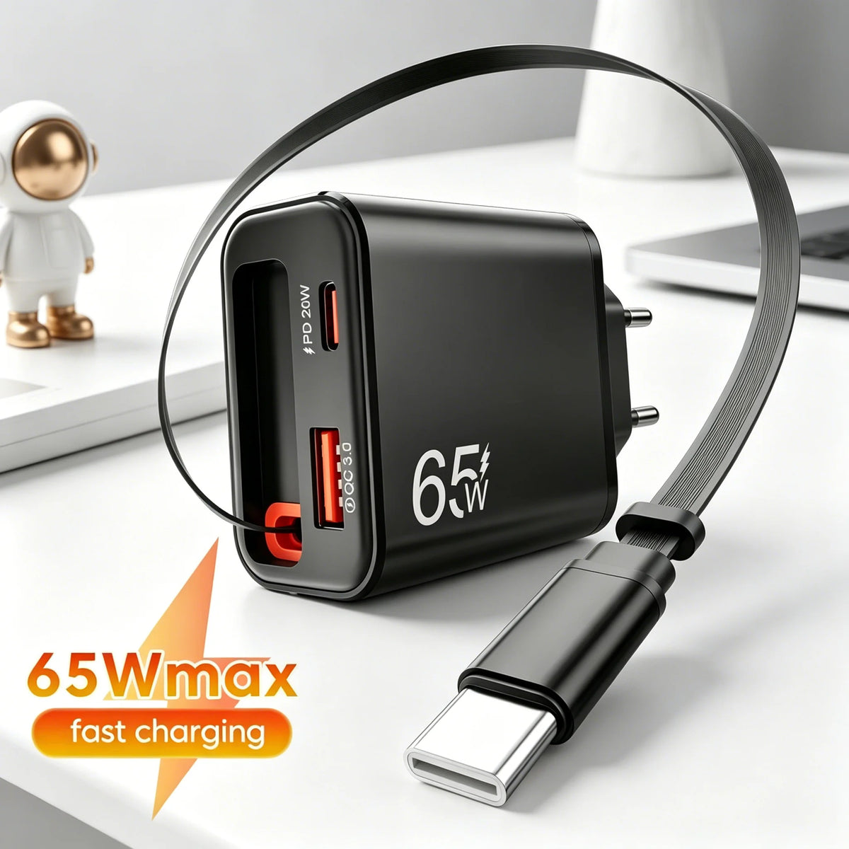 65W USB-C Wall Charger with Retractable Cable Super Fast Charging QC 3.0 USB PD for iPhone 17/16 POCO Xiaomi - Phone Chargers