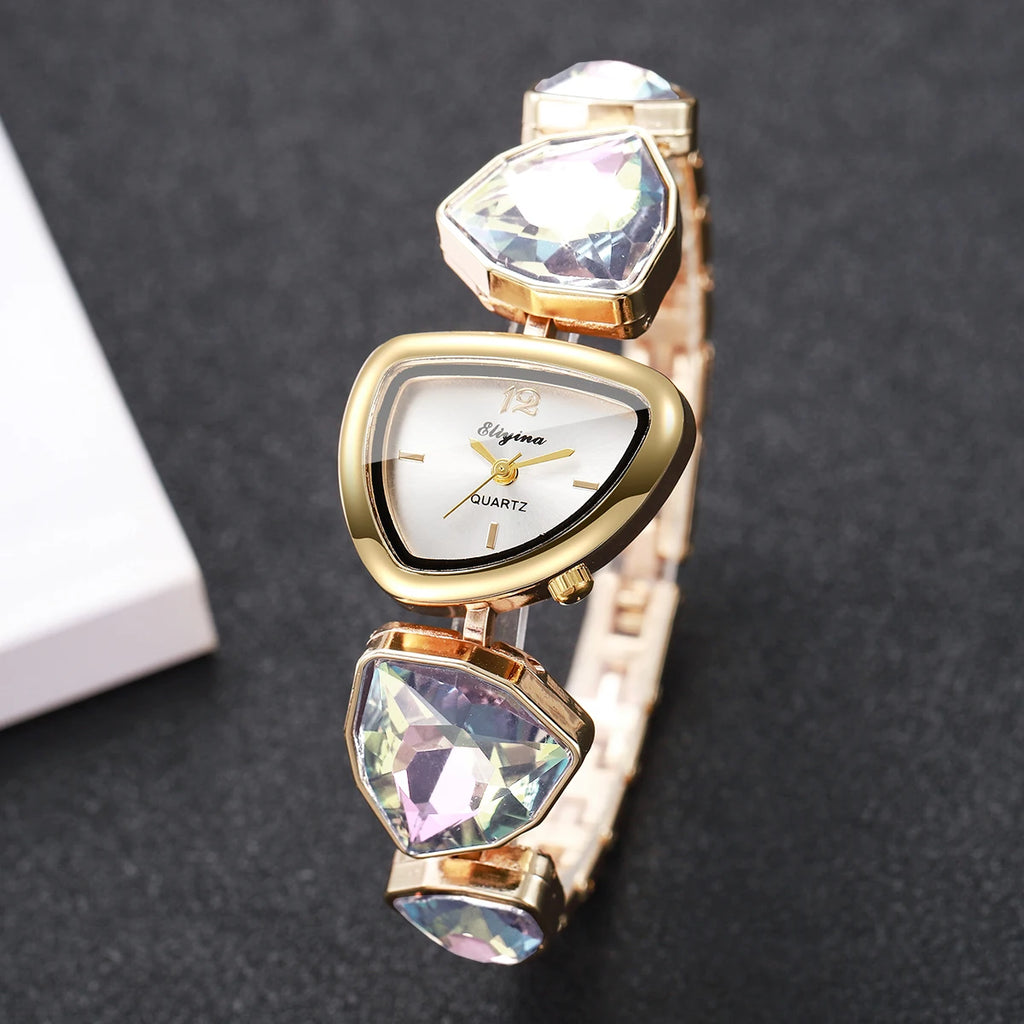 5PCS Elegant Women Watch Jewelry Set Fashion Diamond Bracelet Watch Pearl Necklace Earrings Ring Accessories Gifts（Without Box）