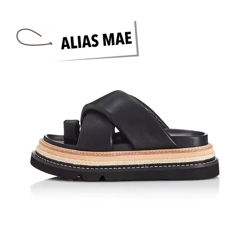 ALIAS MAE 2024 Summer Classic Leather Cross with Round Head Flat Bottom Women's Casual Comfortable Slippers