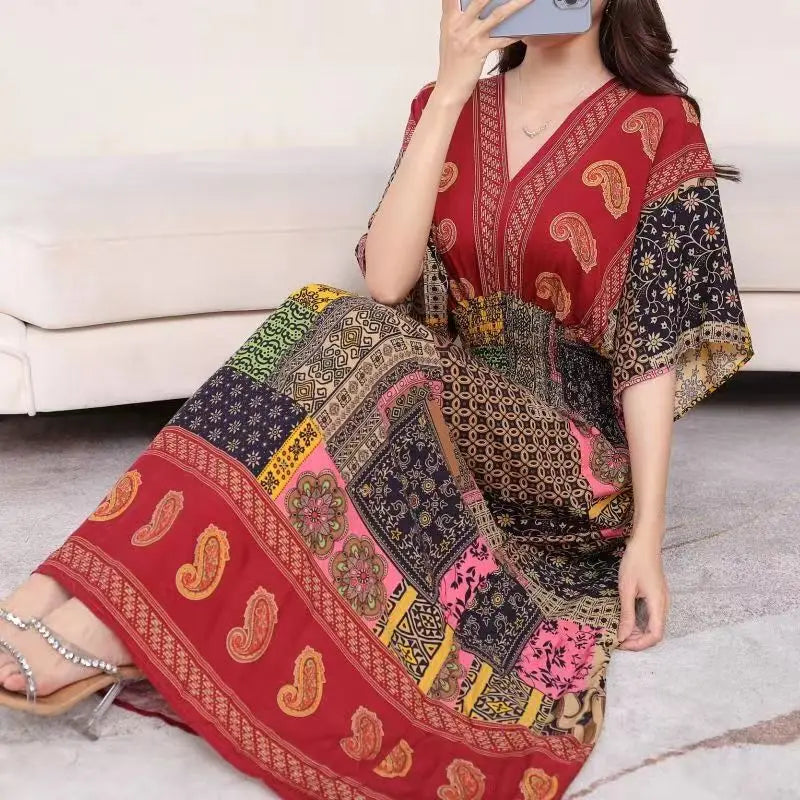 2025 Summer New Casual Elegant Retro Bohemian Style V-neck Elastic Waist Large Swing Printed Long Skirt Autumn Summer Dress