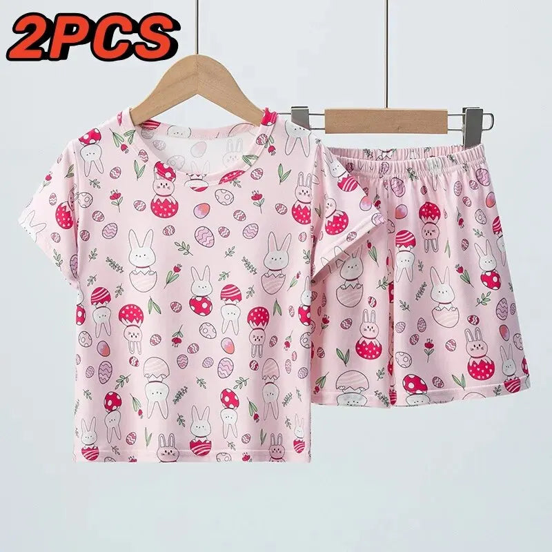 Summer CHILDREN'S Shorts and Short Sleeves 2-piece Pink Rabbit Girl Joker Casual Suit Home Clothes