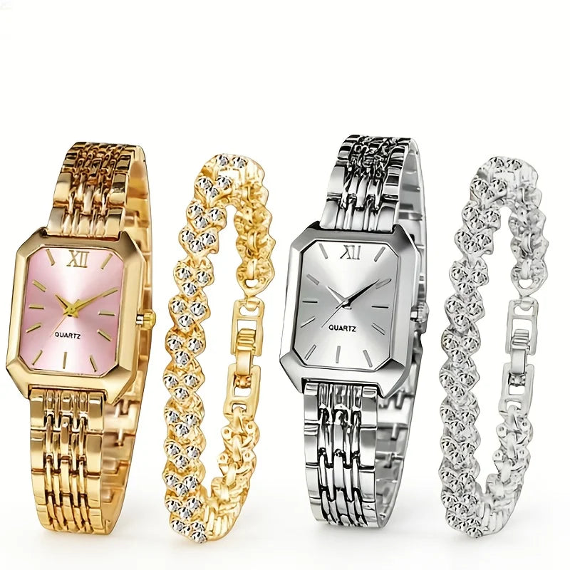 4PCS/Set Elegant Rectangle Women Watches Fashion Ladies Quartz Wristwatch Heart Bracelets Set Reloj Mujer Clock（Without Box）