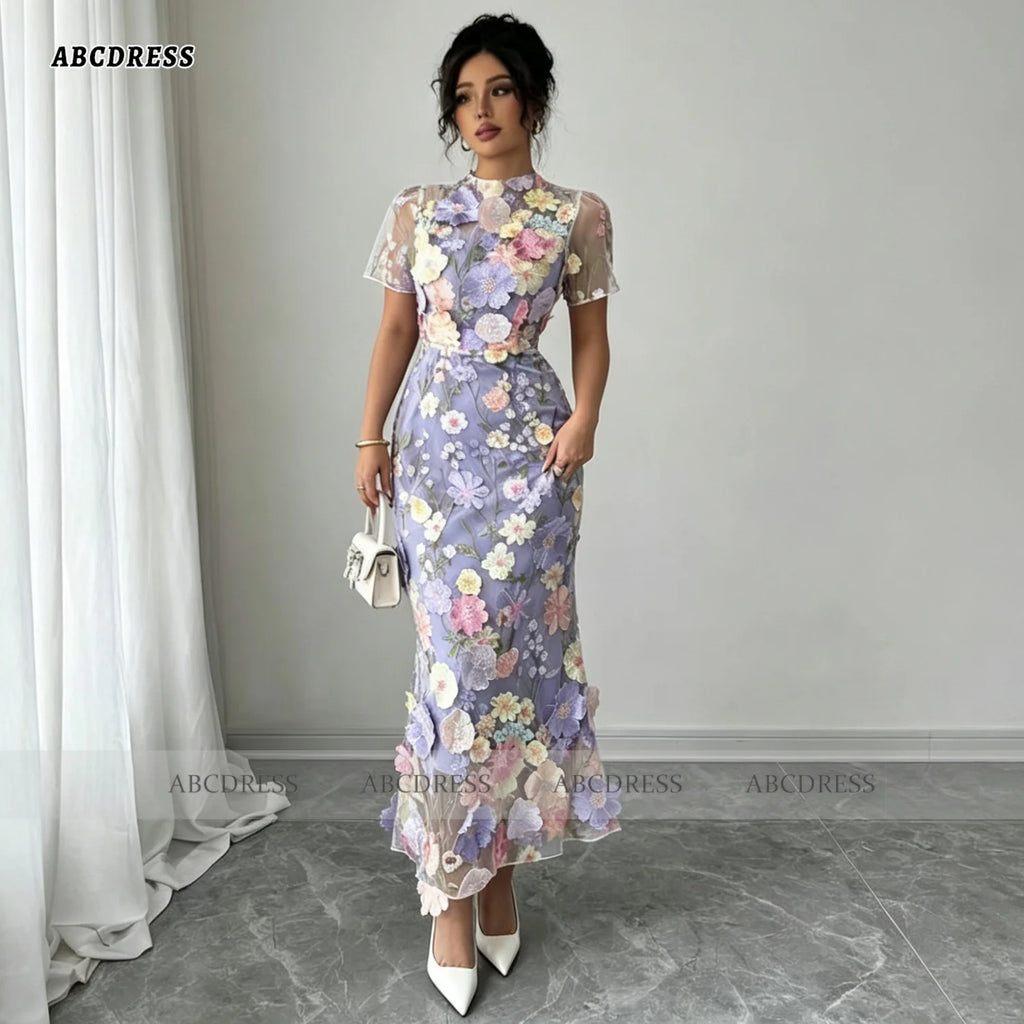 ABC Customized Floral High Neck Fitted Evening Dress Short Sleeve Elegant Robes De Soirée Midi Formal Evening Gown Front Slit