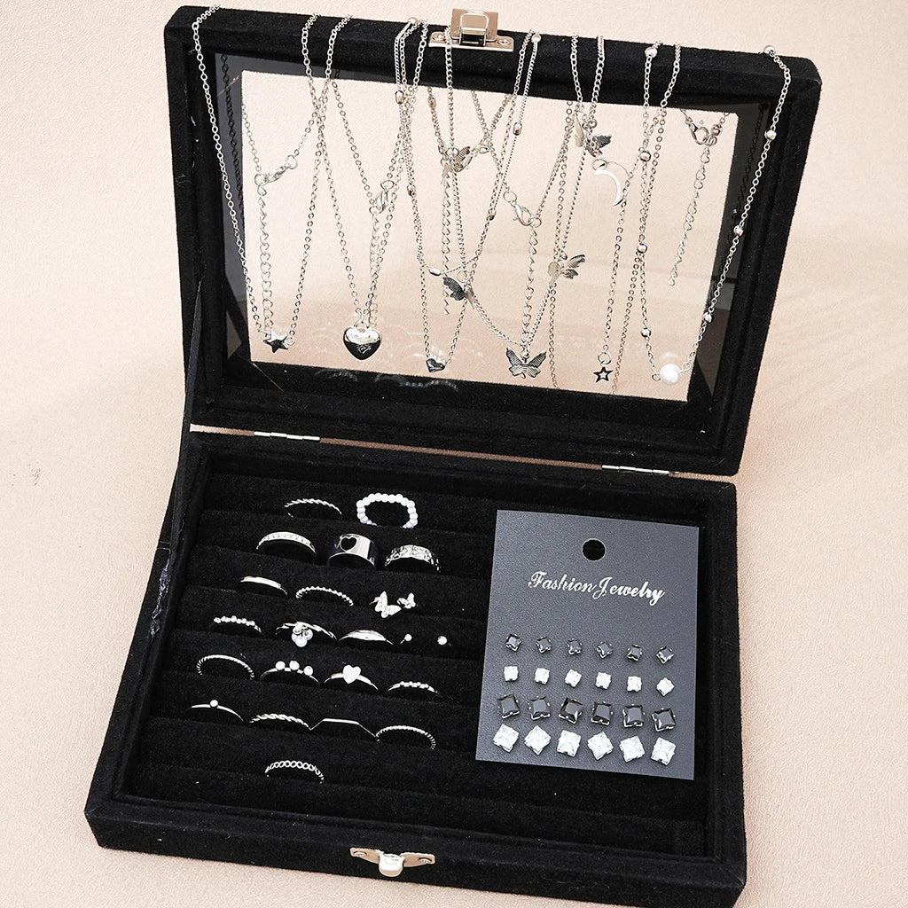 51 Pcs/Set Silver Color Chic Jewelry Set For Women Fashion Butterfly Heart Pearl Necklaces, Earrings, Rings, Match Daily Outfits