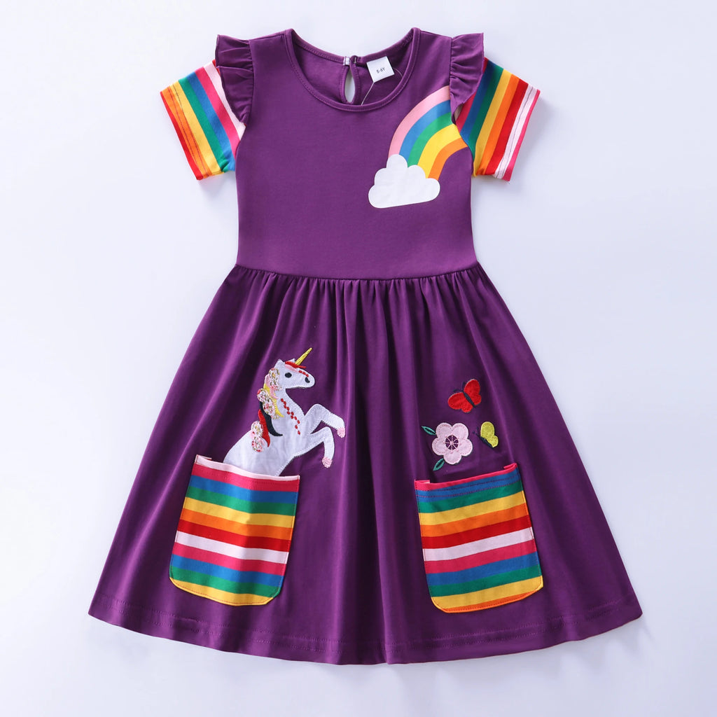 Girls' Short Sleeve Unicorn Dress New Summer Embroidered Two Pockets Rainbow Sleeve Children's SH81035