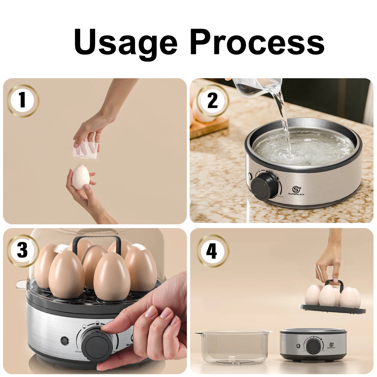 SUPERLEX Electric Egg Cooker 400W Stainless Steel Egg Boiler, Holds Up To 7 Eggs, Adjustable Timer Transparent Lid, Cool Touch Handle, Auto Warning Beep Egg Steamer for Soft Medium Hard Boiled Eggs Breakfast