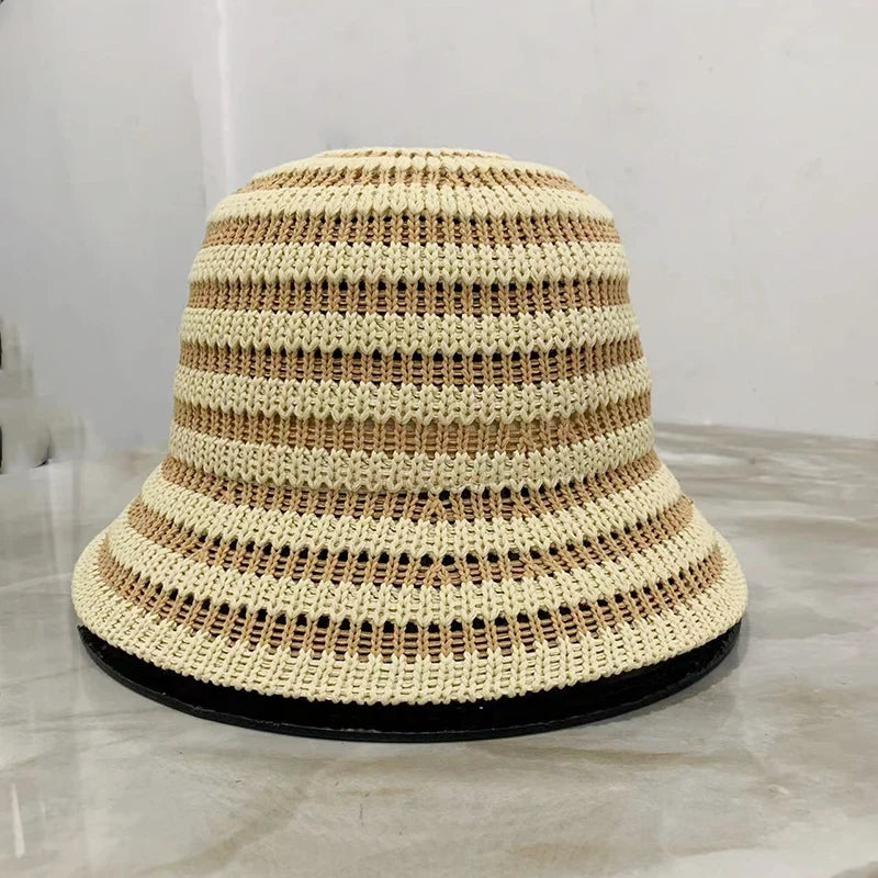Striped Hollow Women Bucket Hat Spring Summer Outdoor Sunscreen Weave Breathable Fisherman Cap Fahsion Versatile Travel Panama
