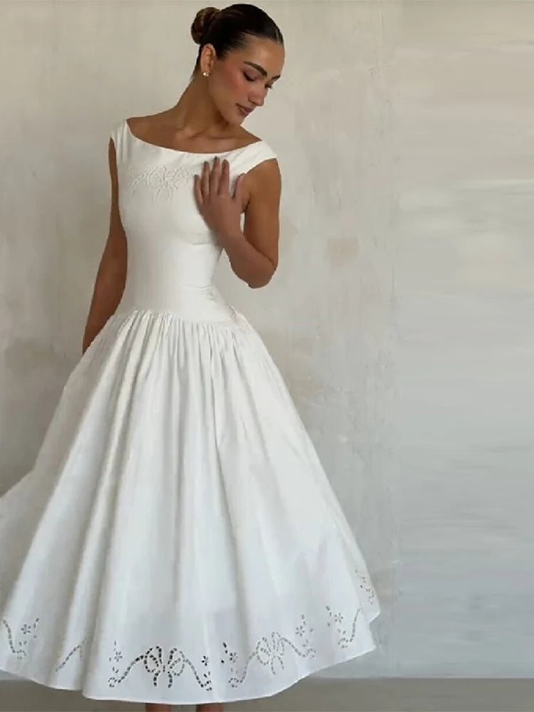Chic Vintage White Boat Neck Dress Embroidered Cap Sleeve Cutwork Hem High Waist Flowy A-line Gown 2026 New Evening Party Outfit