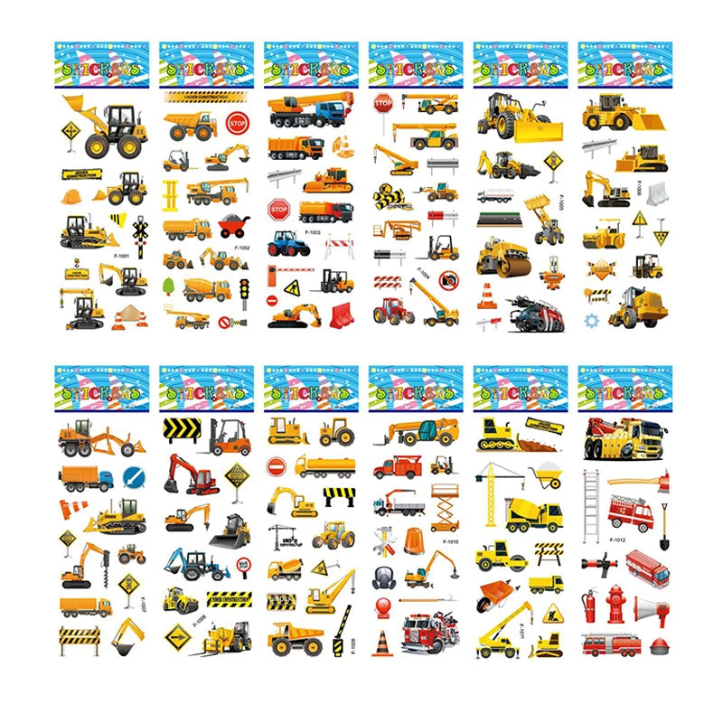 10 Sheets 3D Puffy Stickers for Kids Engineering Vehicle Excavator Stickers Cartoon Cars Stickers Toys for Children Gift for Boy