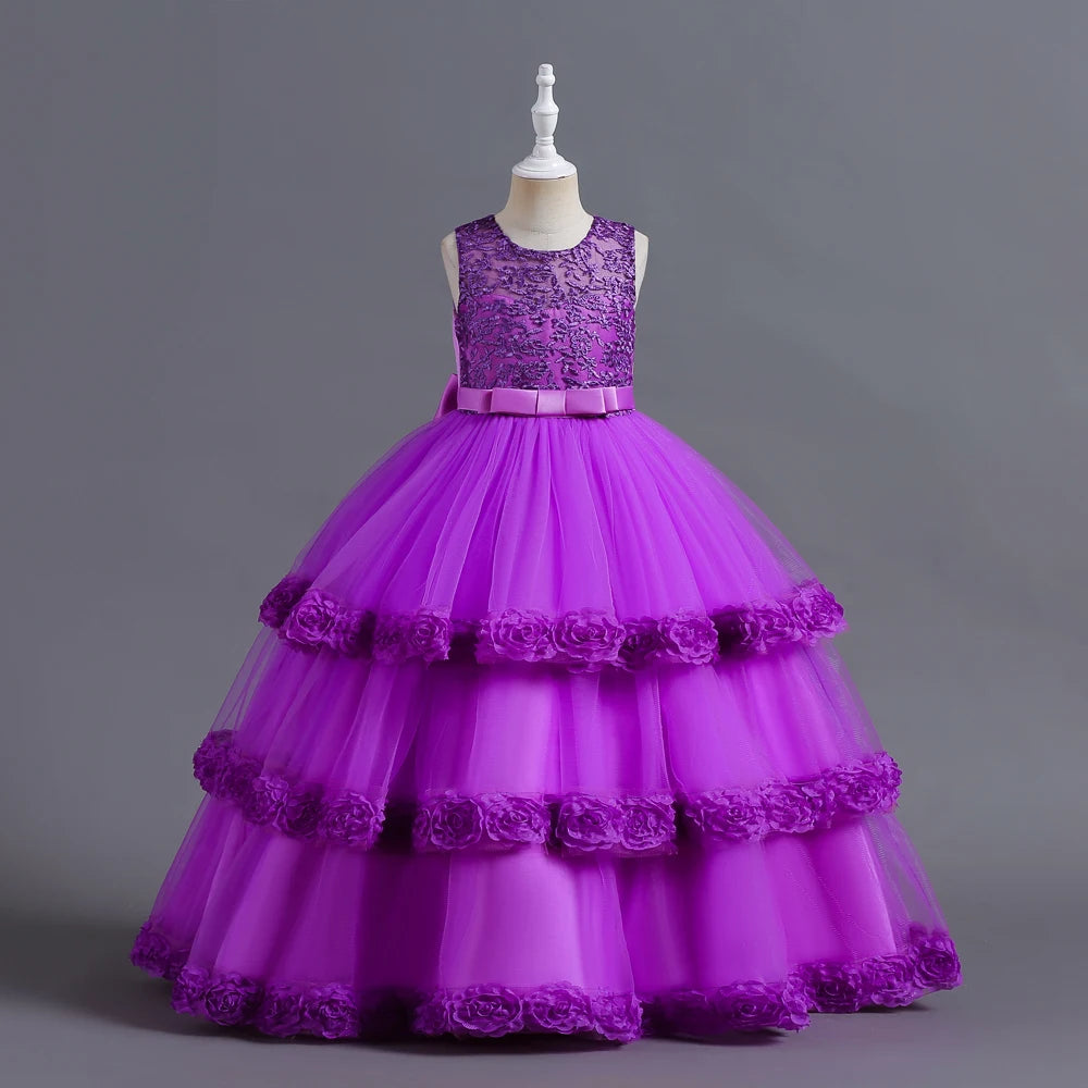 Purple Kids Flower Wedding Dress Birthday Party Ceremony Gown For Kids Girl Wear Lace Fairy Flower Girls Dresses