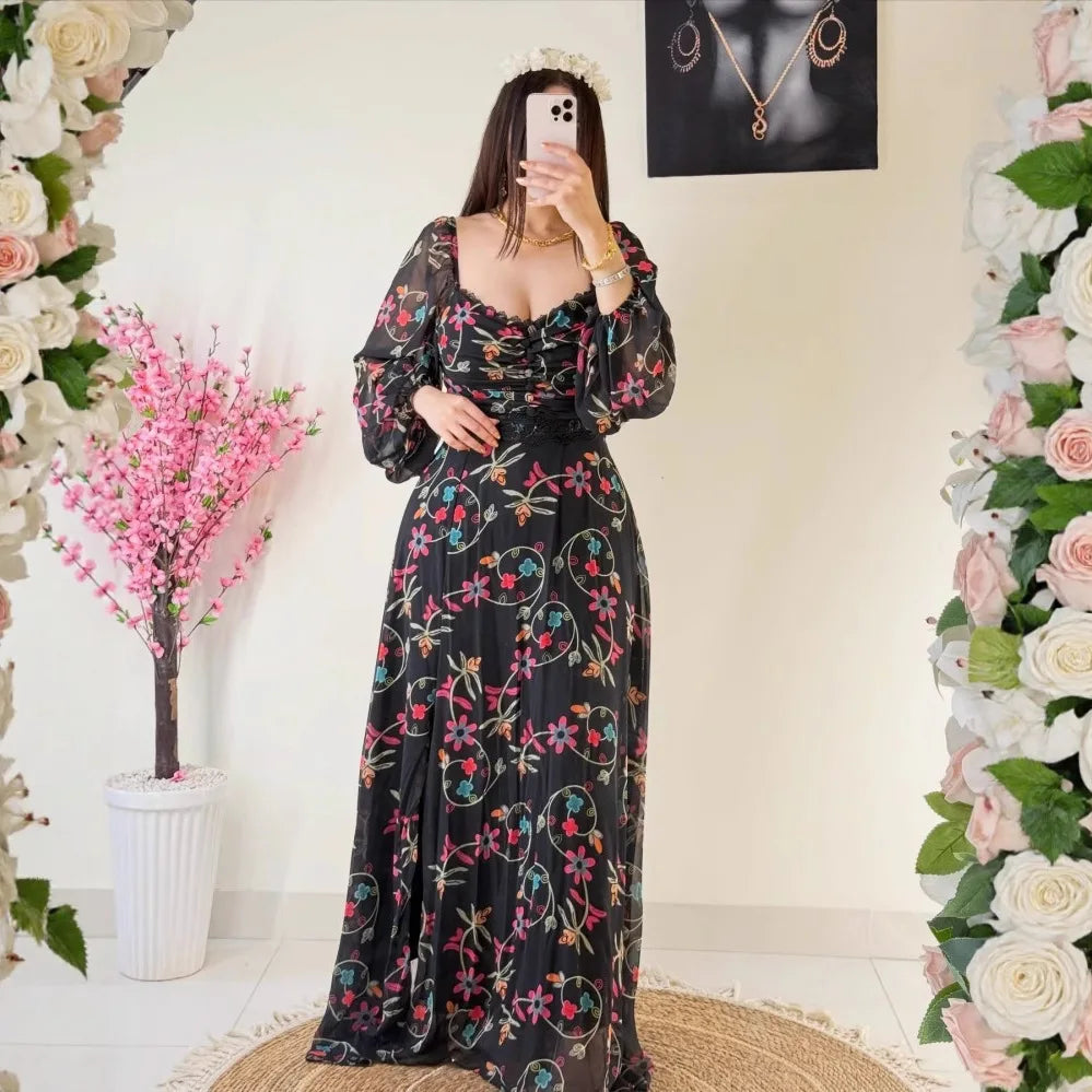 2025 Spring/Summer New Women's Clothing Middle East Chiffon Printed Lace Lace Dress Long Sleeve Bubble Sleeve and Ankle