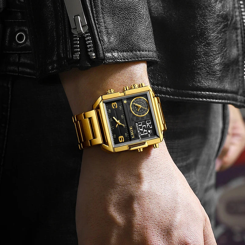 LIGE New Top Brand Luxury Fashion Men Watches Gold Steel Sports Square Digital Analog Big Quartz Watch for Man relogio masculino