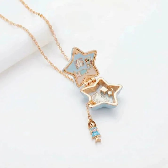 Fairy Tale Gingerbread House Necklace Open and Close Pendant Necklace Women Girls Enamel House Girl Necklace Jewelry Accessory