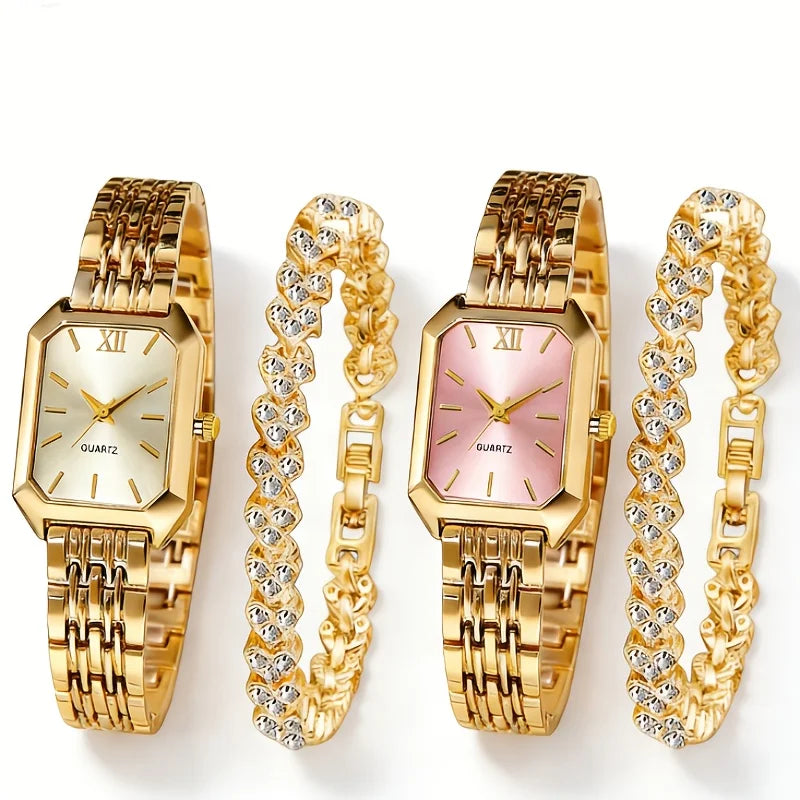 4PCS/Set Elegant Rectangle Women Watches Fashion Ladies Quartz Wristwatch Heart Bracelets Set Reloj Mujer Clock（Without Box）