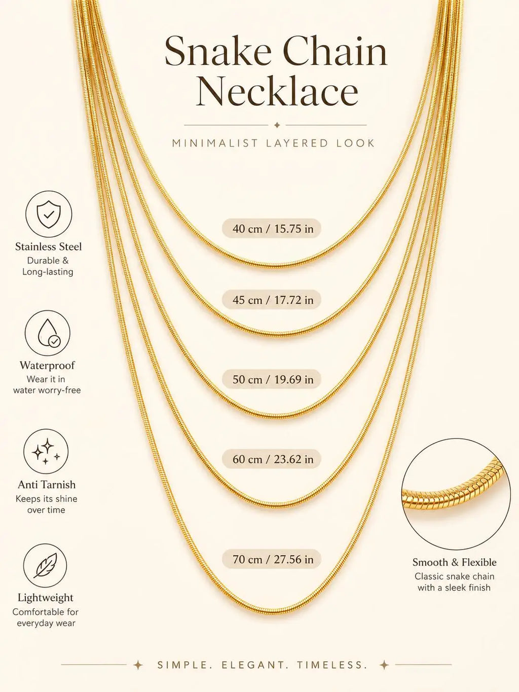 Round Snake Chain Necklace Thin 1mm Waterproof Gold Plated Stainless Steel Multi Layer Summer Beach Choker 16-28 Inches