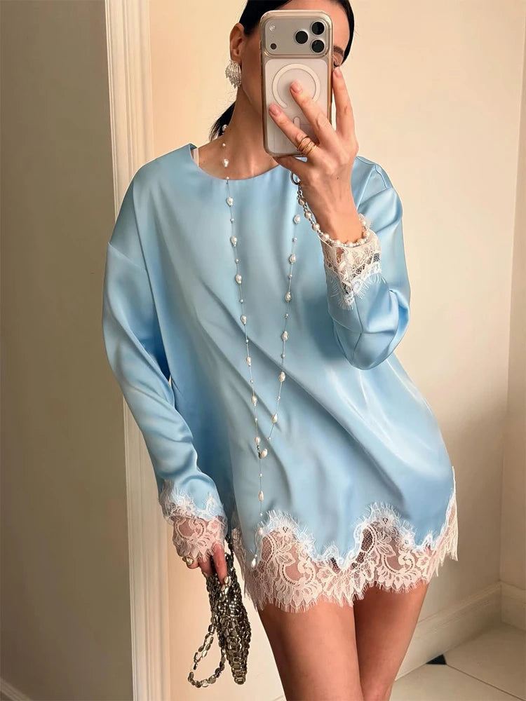 Satin Lace Patchwork Dress Women Long Sleeve O-neck Casual 2026 Spring Female Dresses Casual Solid Beach Robe Not Contain Pearls