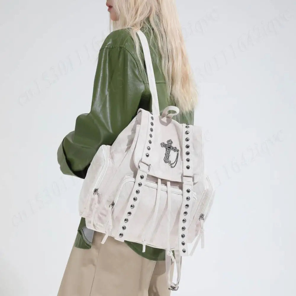 Gothic Punk Backpack Rivets Student School Bag Vintage Duffel Bag with Cross Stud Design Women Large Capacity Travel Bag