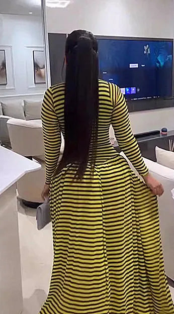 Women's Yellow Black Striped Maxi Dress Long Sleeve Crew Neck Slim Bodice Folds Skirt Stylish Casual Retro Outfit For Daily Wear