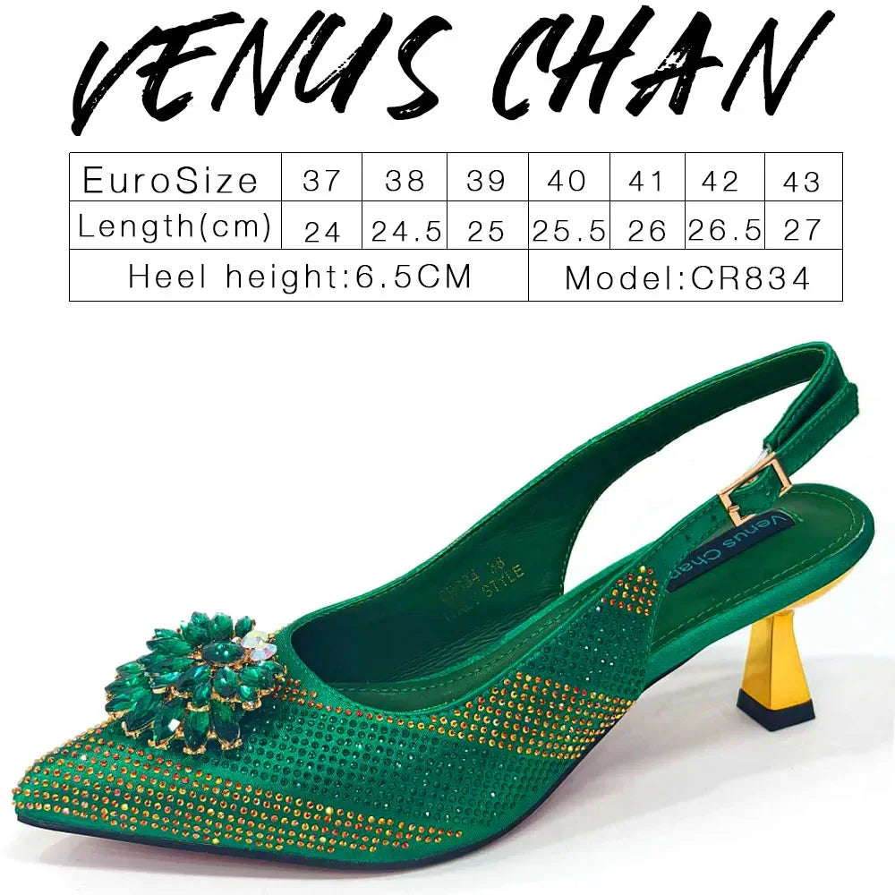 2024 Italian Design Rhinestone Luxury Wine Colour Pointed Toe Shoe & Bag Set Women's High Heels for Parties By Venus Chan
