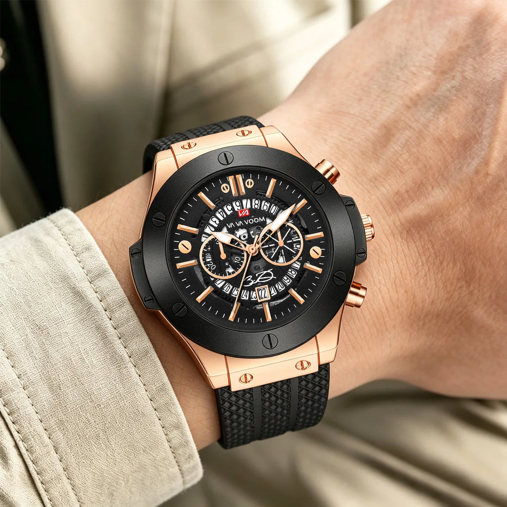 Black Silicone Mens Hand 46mm Hollowed Out Large Dial Rose Gold Fashionable Military Style Original Quartz Movement Sports Watch