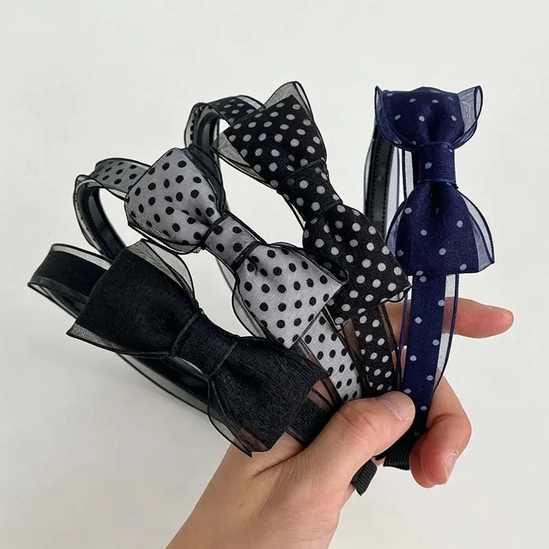 1PC Vintage Polka Dot Organza Bow Headbands Elegant Sheer Mesh Hair Hoops Sweet All-Match Hair Accessories For Women Daily