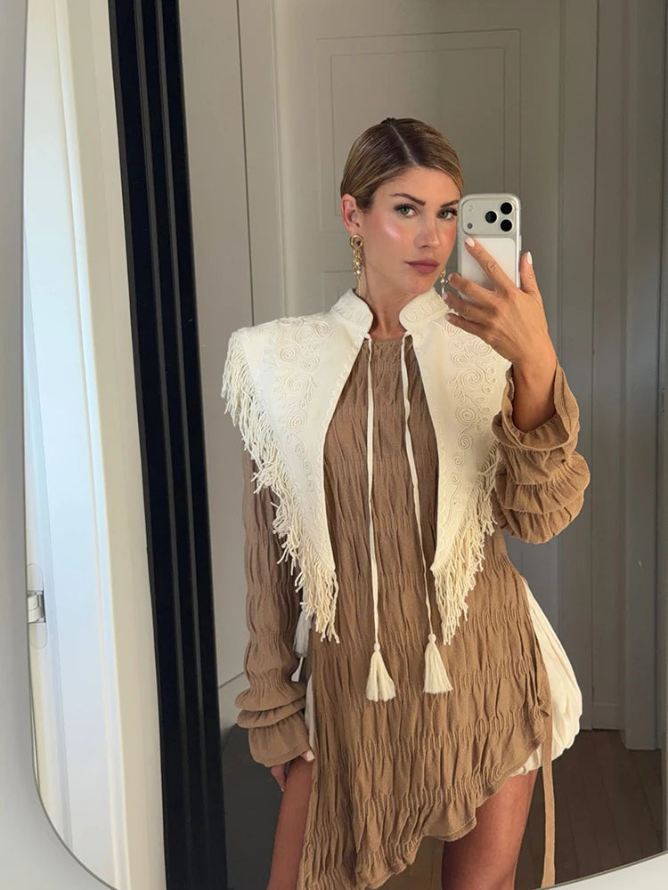 Chic Embroidery Tassel Shawl Women Stand Neck Sleeveless Lace Up Irregular Shawls Tops 2026 Summer Fashion Lady Accessories