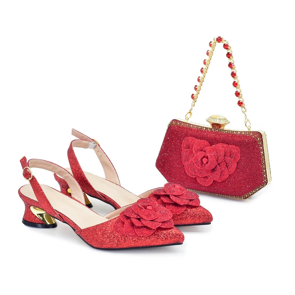 Fashion Nigerian Women Heel Party Ladies Italian Design Green Shoes and Bag Set Decorated with Rhinestone Handbag Wedding Party