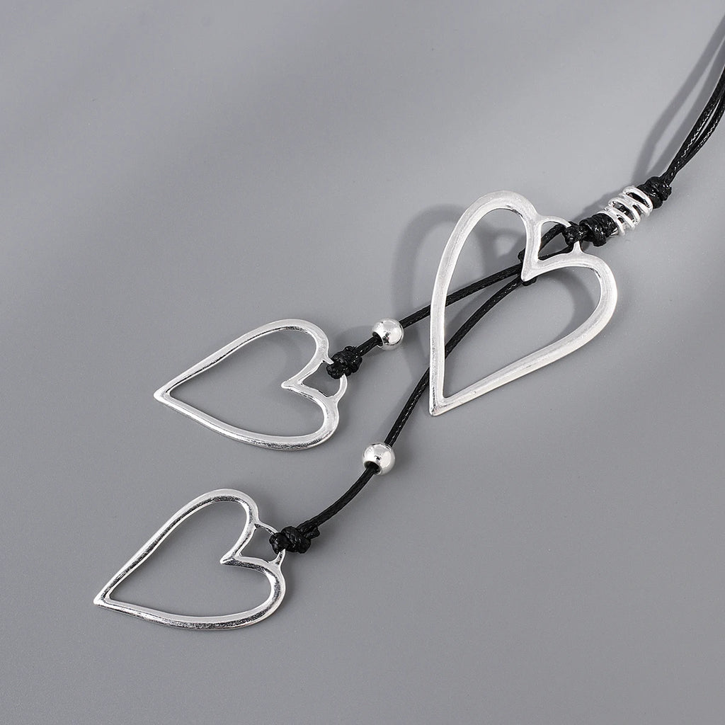 Amorcome Big Silver Color Heart Pendant Long Leather Necklace Boho Women Statement Ethnic Jewelry Lariat Necklace Mujer Collares
