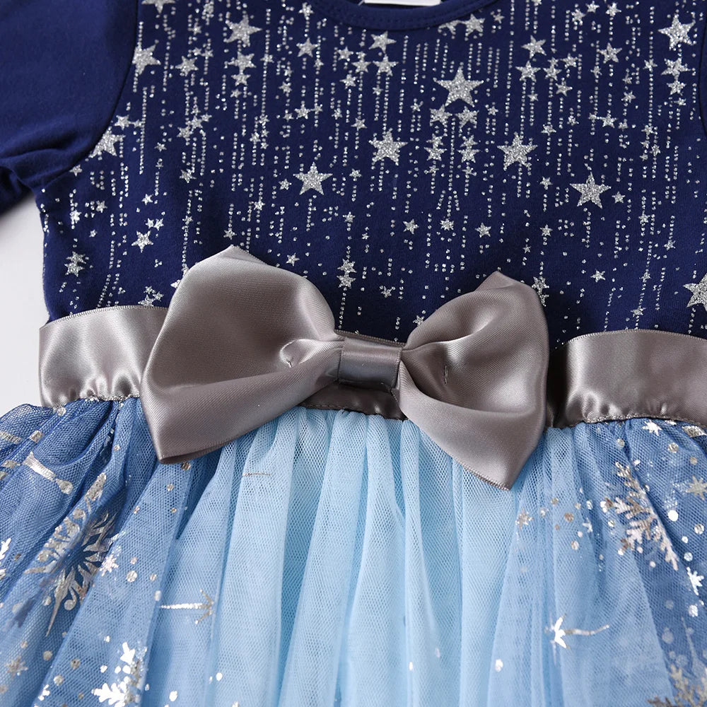VIKITA Christmas Dress for Girls Sequins Princess Dresses Kids Lace Mesh Ball Gown Elegant Vestidos Girls New Year Blue Dress