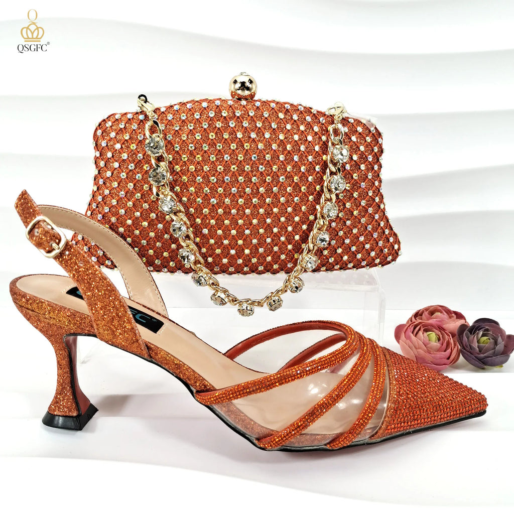 QSGFC Italian Design Nigeria New Trendy Full Diamond Embellished High Heels Peach Color Women's Bag and Shoes For Party Wedding
