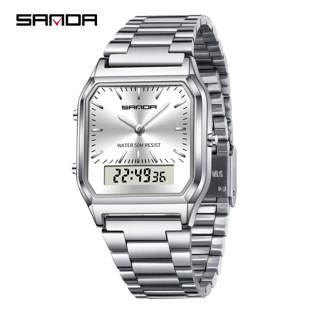 SANDA 747 Men's Quartz Digital Watch Waterproof Casual Fashion Watch Wear-resistant Stainless Steel Couple Strap Square Watch