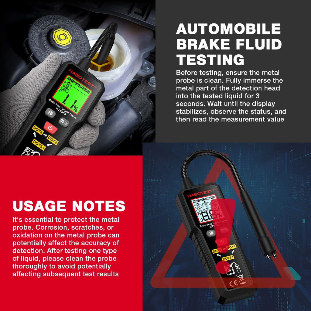 HT5009 Brake Fluid Tester Digital Auto Brake Liquid Oil Detector Tool for DOT3 DOT4 DOT5.1 Hydraulic Oil Moisture Analyzer