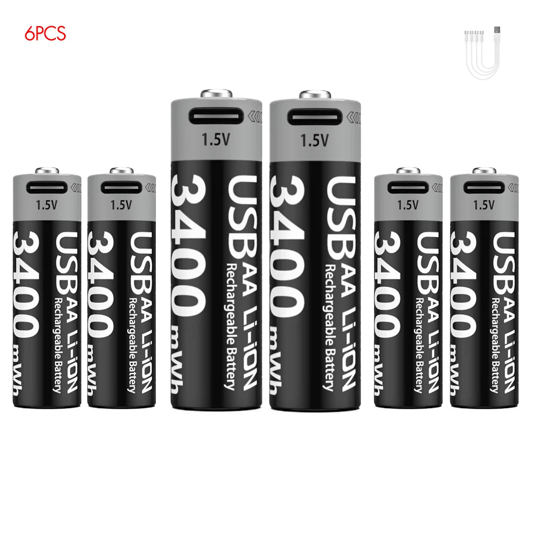 Kuugro High Capacity 1.5V 3400mWh AA Rechargeable Battery USB Type-C AA Li-ion Battery for Remote Control Smart Door Lock Toy