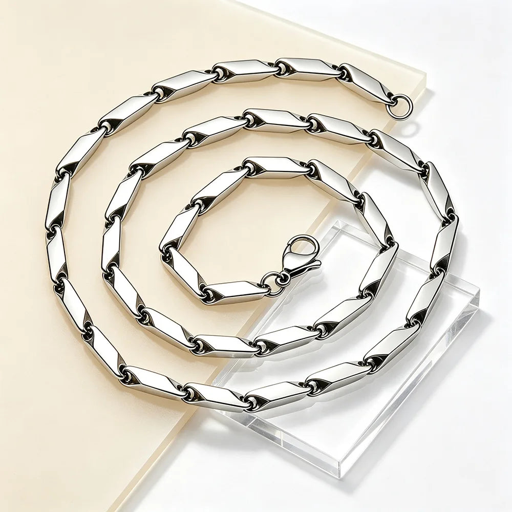 HNSP 316L Stainless Steel Men Necklace Bamboo Rice Bead Chain Silver Color Waterproof Simple Link Chain For Men Women Jewelry