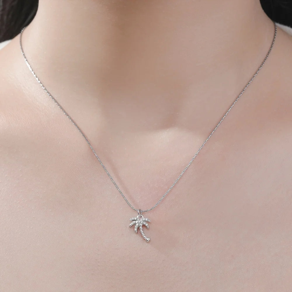 Skyrim Clear Zircon Coconut Tree Pendant Necklace Stainless Steel Gold Color Chain Choker for Women Plant Jewelry Wholesale