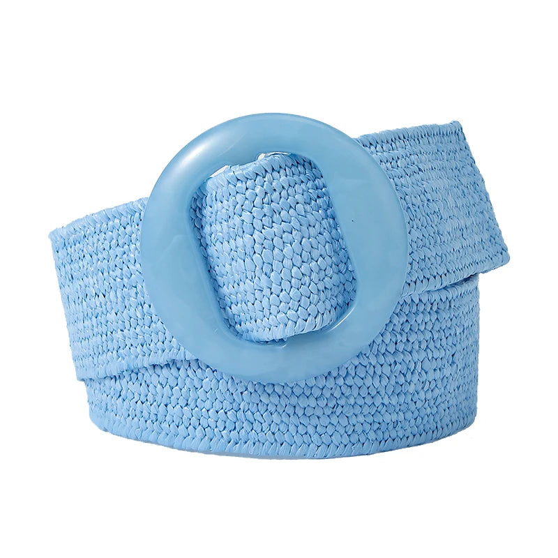 Beltox Women Straw Woven Elastic Wide Belt Solid Color with Matching Plastic Buckle