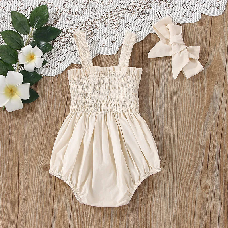 Baby's Clothes Summer Jumpsuit Outfit Solid Color Ruched Toddler Girl Casual Sleeveless Suspender Kids Rompers Headband Set