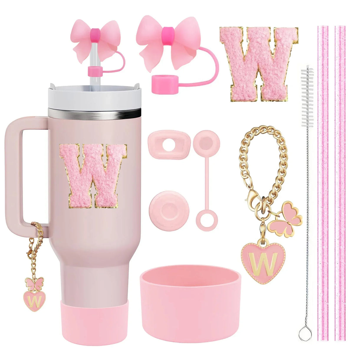 10PCS Accessories Set for Stanley Cup, 2 Straw and Brush and 1 Flower Charm Chain 3 Spill Proof Stopper Flowers Straw Cover Boot