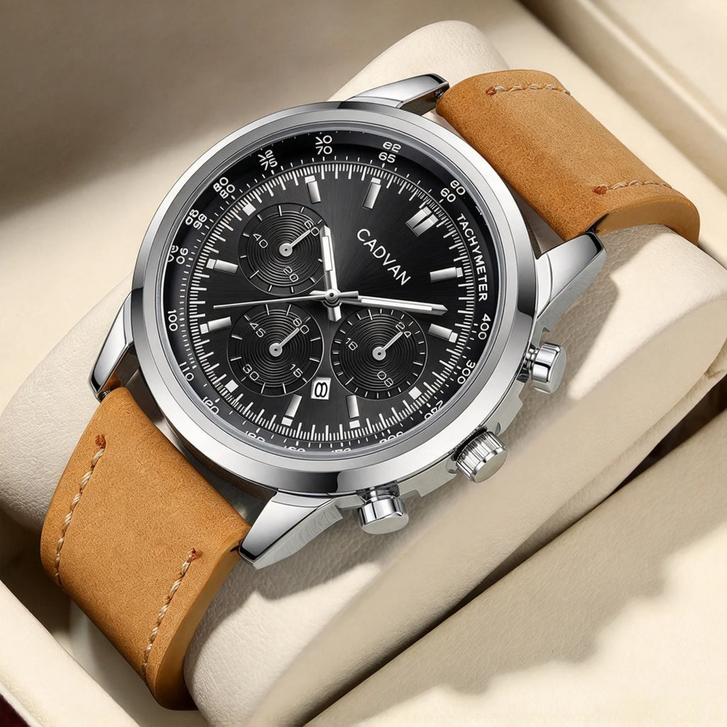 CADVAN Men's Retro Round Watch, Fake Three Eye Design Calendar Quartz Watch, Available in Two Colors - Comes with Packaging Box