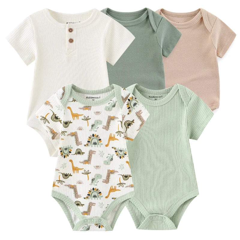 Newborn Bodysuits Unisex 5Pieces Baby Girl Clothes Solid Color Cotton Baby Boy Clothes Set Cartoon Print Summer Bebes