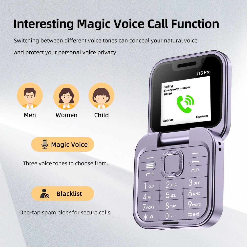 SERVO I16 PRO Foldable Flip Pocket Phone 1.77'' Screen Dual SIM Magic Voice Speed Dial FM Radio 3.5mm Audio Jack Mini Cellphone