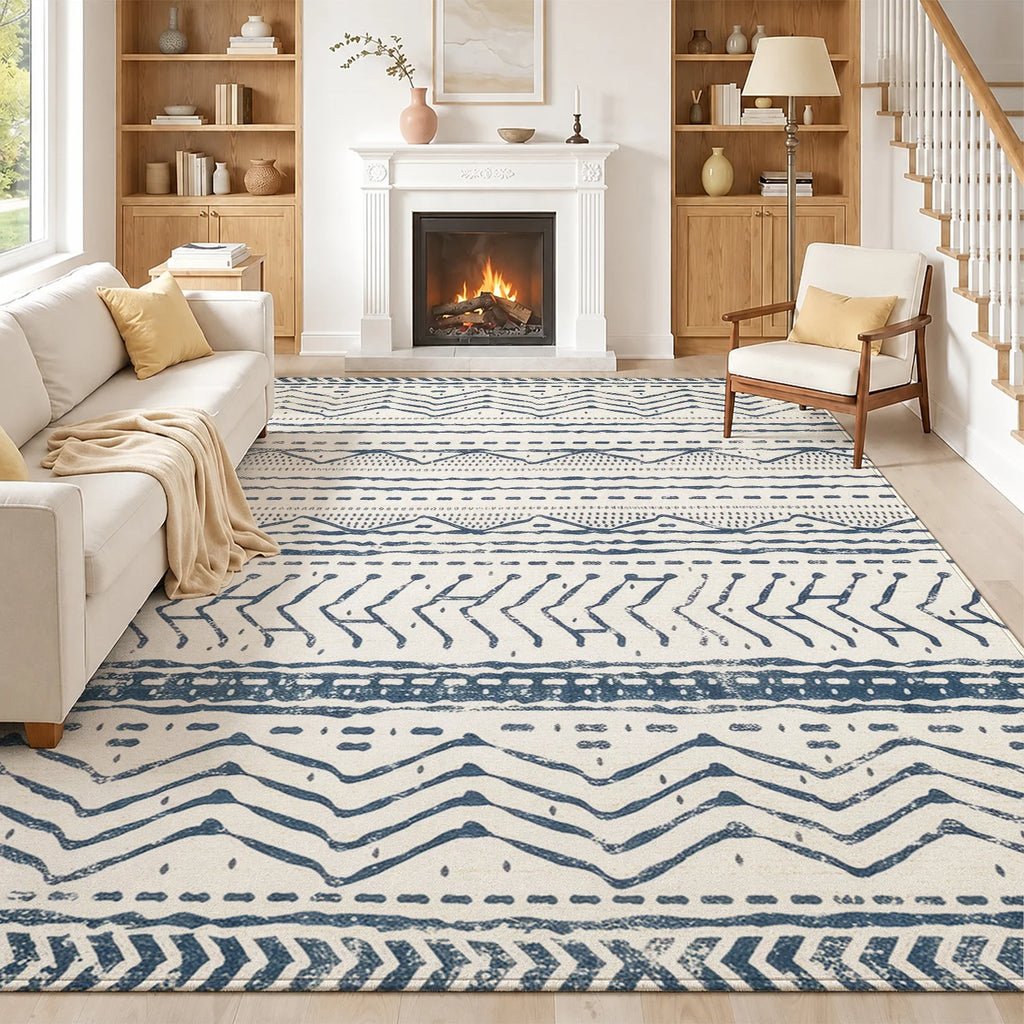 Large Indoor Area Rug: Soft Velvet, Low Pile, Non-Slip Dotted Backing, Machine Washable Navy Blue Tribal Geometric Zigzag Striped Rug for Living Room, Bedroom, Entryway