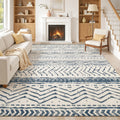 Large Indoor Area Rug: Soft Velvet, Low Pile, Non-Slip Dotted Backing, Machine Washable Navy Blue Tribal Geometric Zigzag Striped Rug for Living Room, Bedroom, Entryway