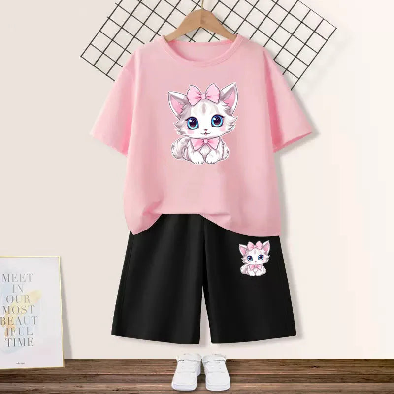 Girls Happy Cat Printed 2PC Outfit Set Summer Fashion Short Sleeve T-Shirt And Shorts Combo Cute Kids Clothing