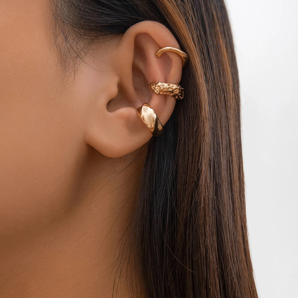 PuRui Fashion Geometric Ear Cuff Earrings for Women 3 pcs/set Metal Chunky No Piercing Clip Earrings Ladies Party Girls Jewelry
