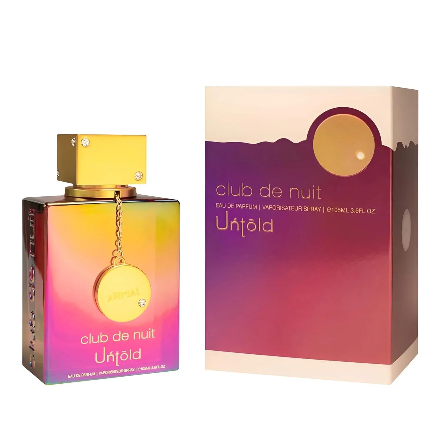 ARMFA Club De Nuit Untold Eau de Parfum 105ML With Original Sunset Gradient Gift Box Long Lasting Rich Sweet Floral Vanilla Musk Fragrance Women Perfume Iridescent Rainbow Square Bottle Gold Chain Pendant Cap Glam Night Scent