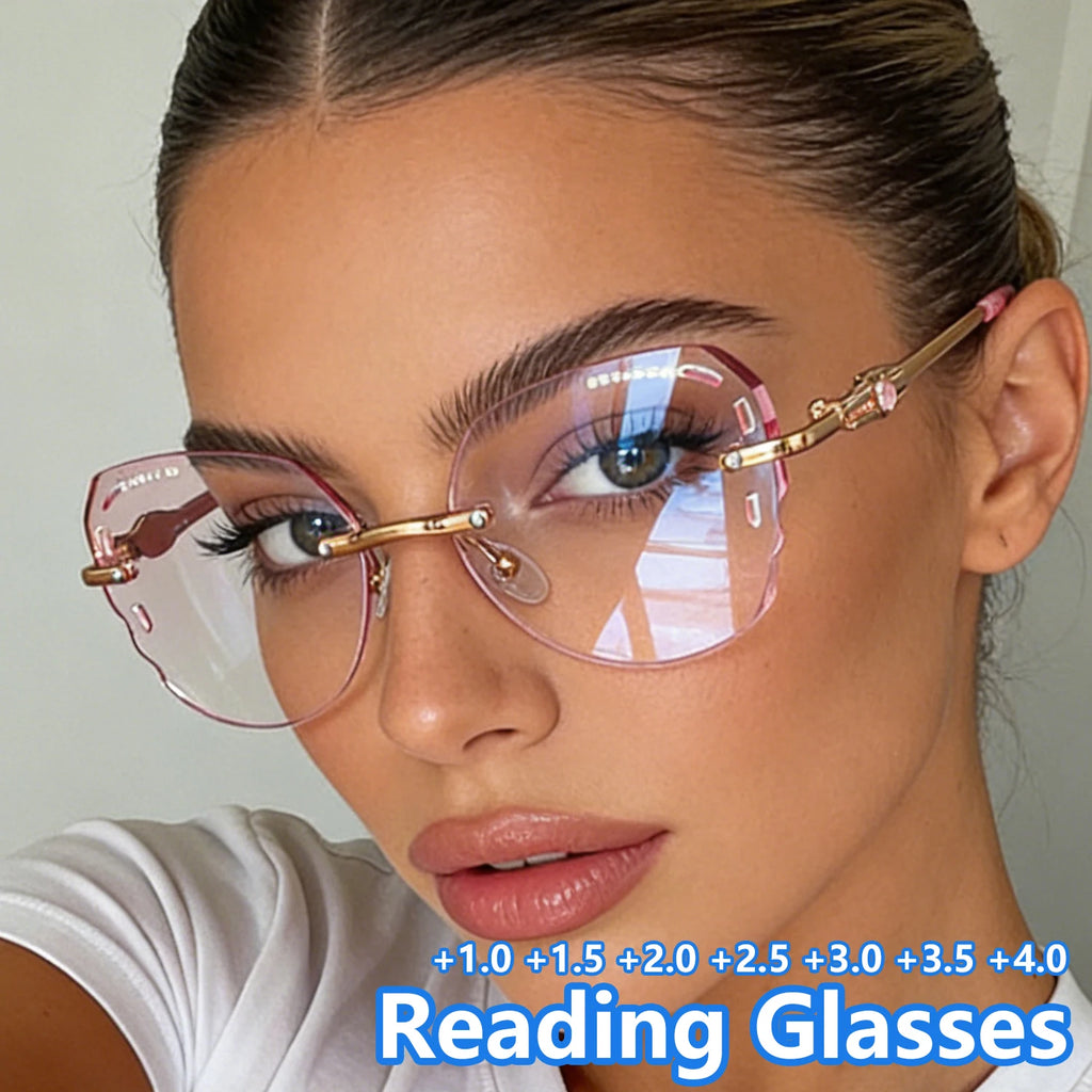 Rimless Reading Glasses Rhinestone Sparkling Eyewear Fashionable Elegant Eyeglasses Metal Frame with PC Lens Irregular Glasses